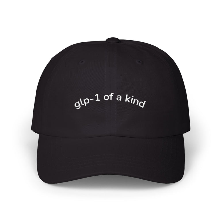 GLP-1 of a Kind Embroidered Dad Hat, Black, product-only front embroidery view