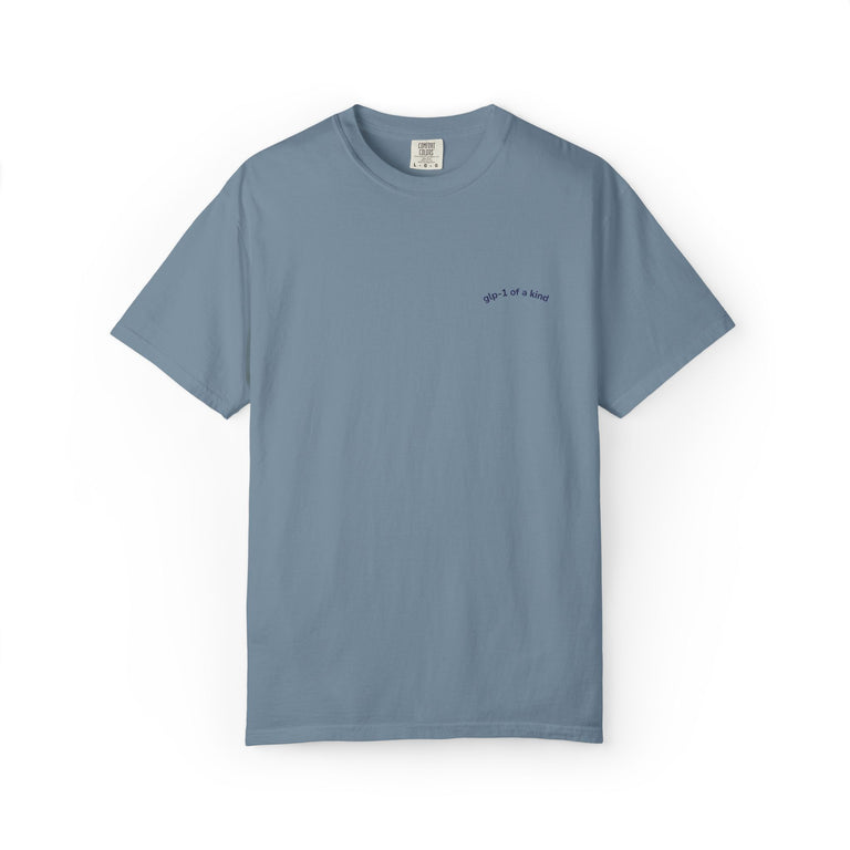 GLP-1 of a Kind Embroidered T-Shirt, Ice Blue, product-only front embroidery view