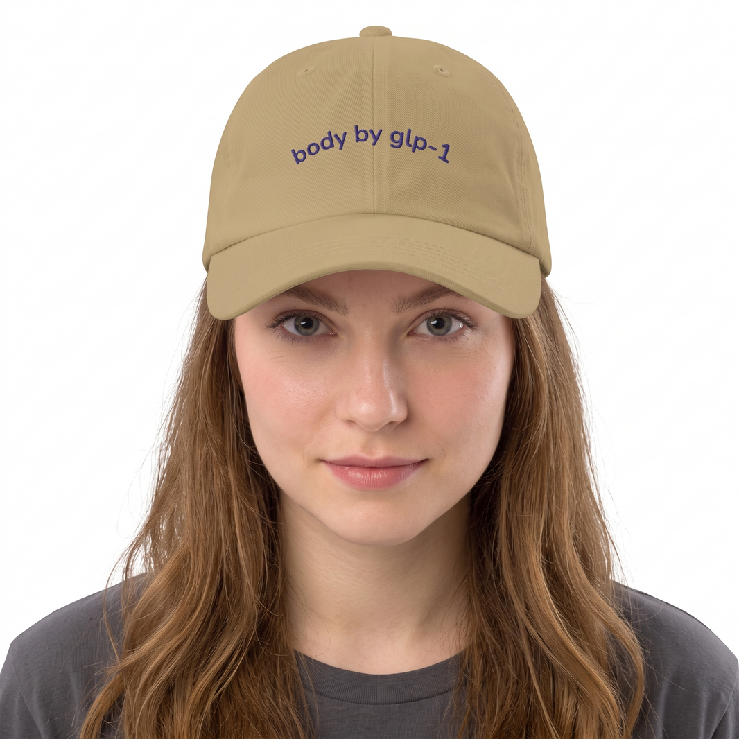 Body by GLP-1 Embroidered Dad Hat-Body by GLP-1 Embroidered Dad Hat, Khaki, model close