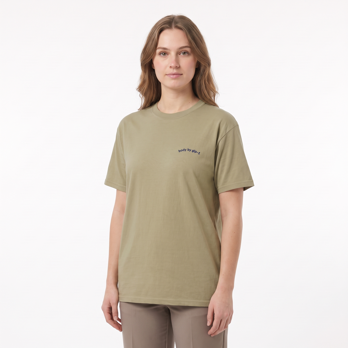 Body by GLP-1 Embroidered T-Shirt-Body by GLP-1 Embroidered T-Shirt, Khaki, model angle