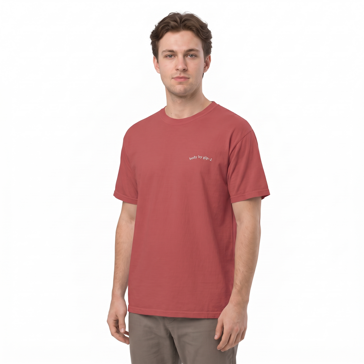 Body by GLP-1 Embroidered T-Shirt-Body by GLP-1 Embroidered T-Shirt, Crimson, model angle