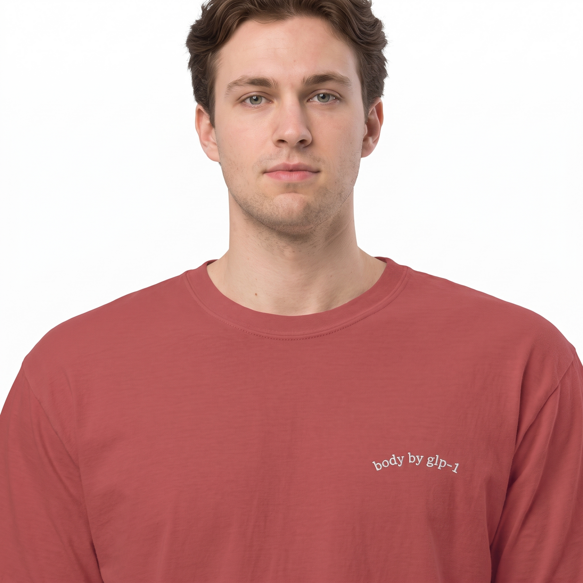 Body by GLP-1 Embroidered T-Shirt-Body by GLP-1 Embroidered T-Shirt, Crimson, model close