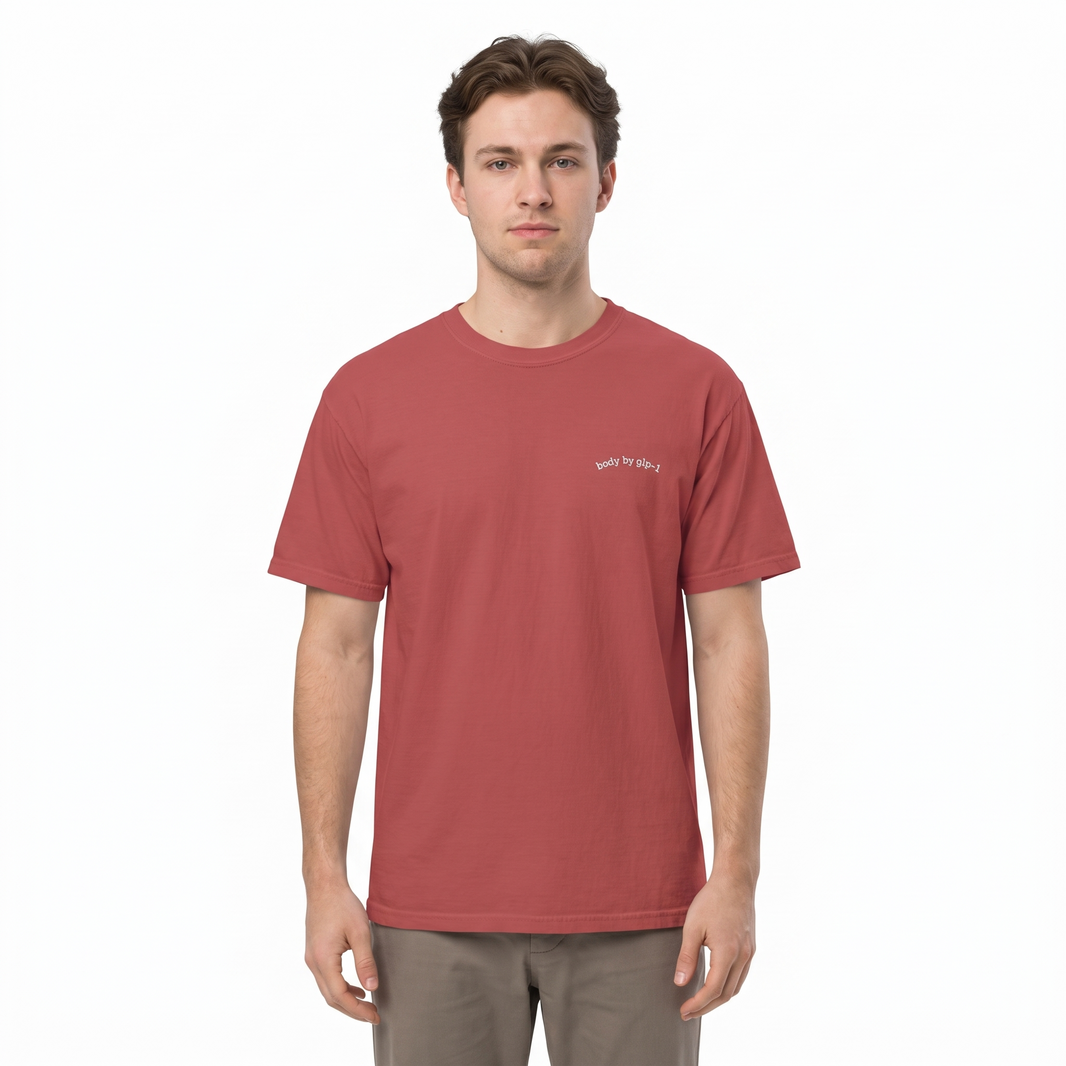 Body by GLP-1 Embroidered T-Shirt-Body by GLP-1 Embroidered T-Shirt, Crimson, model wide