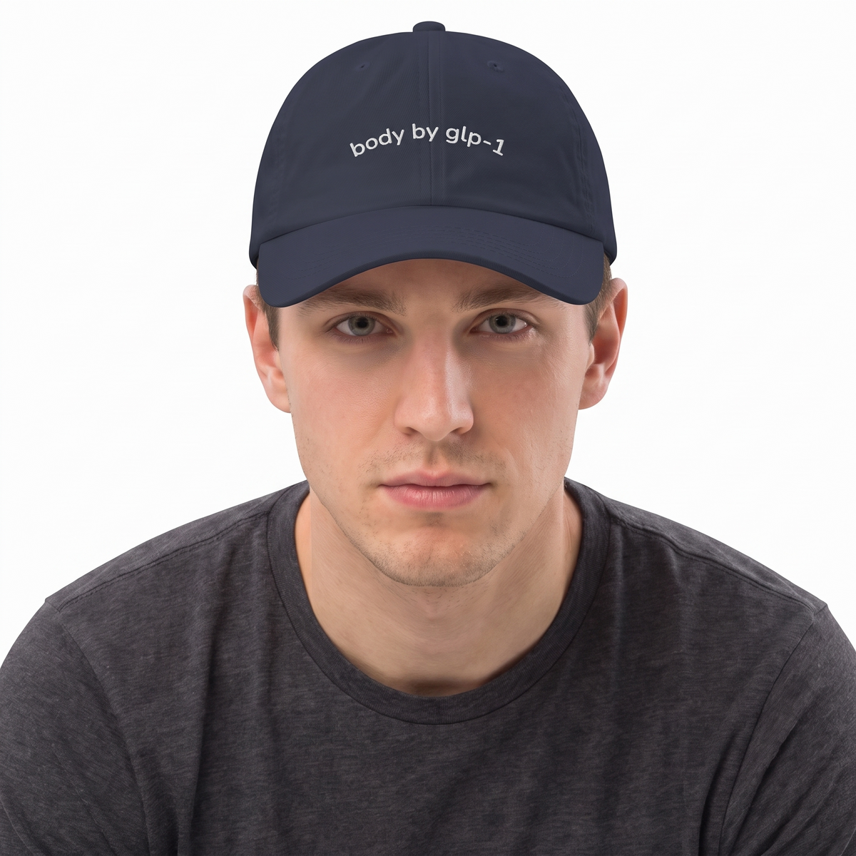 Body by GLP-1 Embroidered Dad Hat-Body by GLP-1 Embroidered Dad Hat, Navy, model close