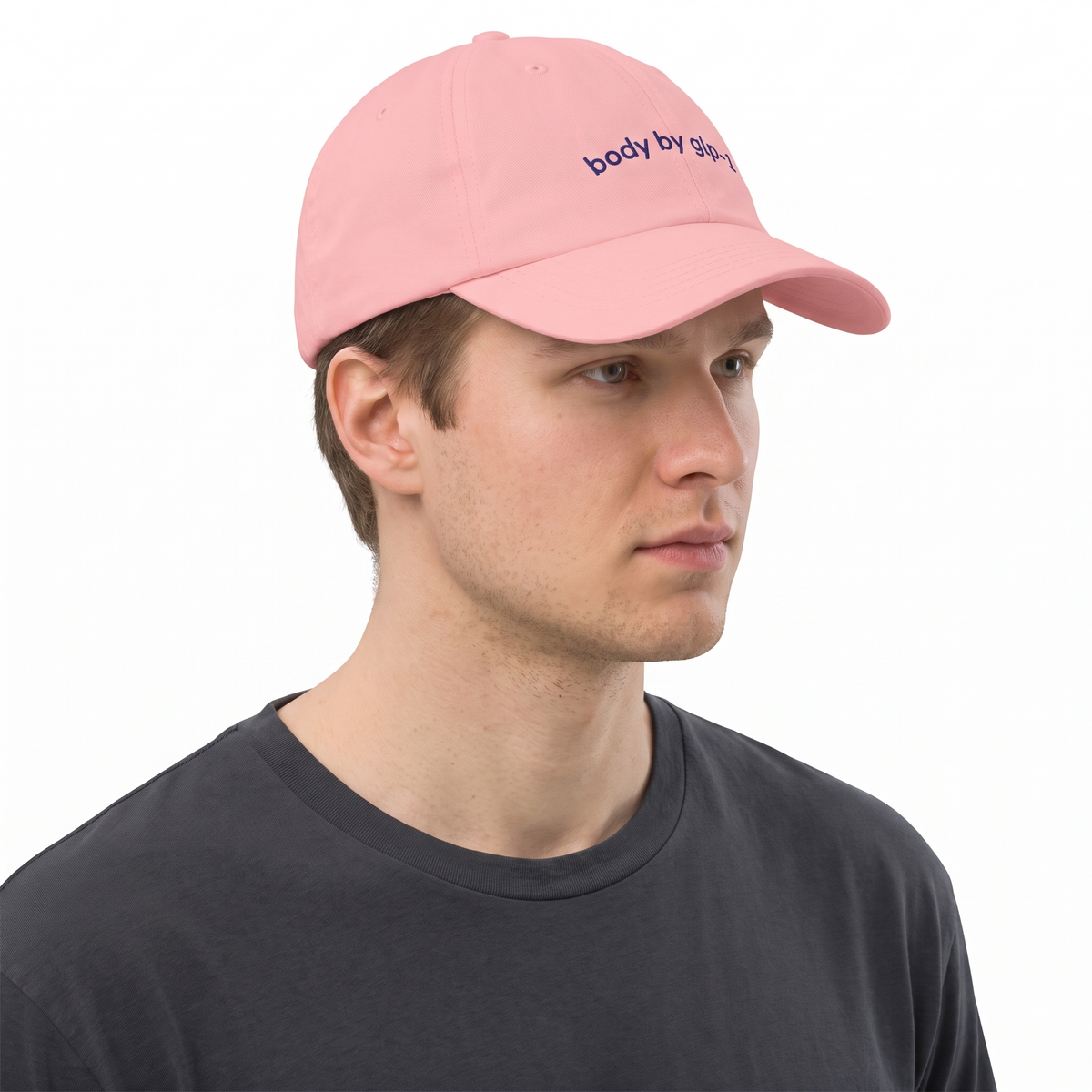 Body by GLP-1 Embroidered Dad Hat-Body by GLP-1 Embroidered Dad Hat, Pink, model angle