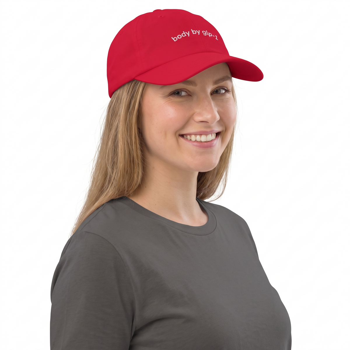 Body by GLP-1 Embroidered Dad Hat-Body by GLP-1 Embroidered Dad Hat, Cranberry, model angle