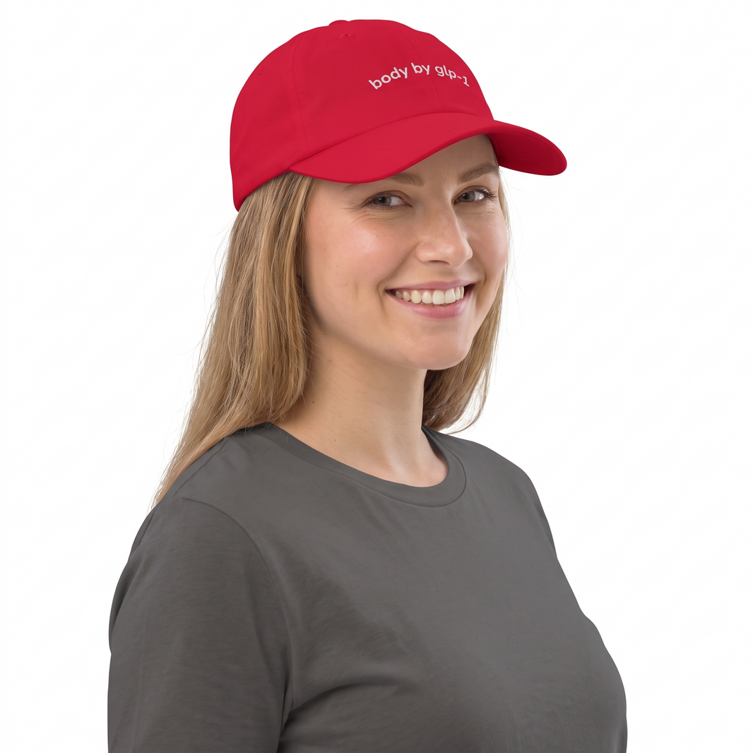 Body by GLP-1 Embroidered Dad Hat-Body by GLP-1 Embroidered Dad Hat, Cranberry, model angle