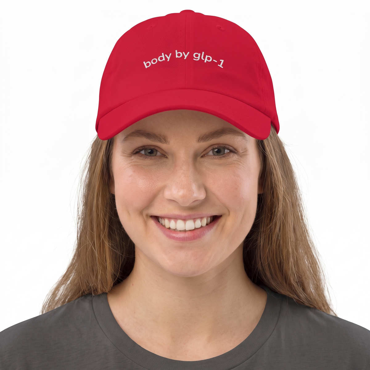 Body by GLP-1 Embroidered Dad Hat-Body by GLP-1 Embroidered Dad Hat, Cranberry, model close
