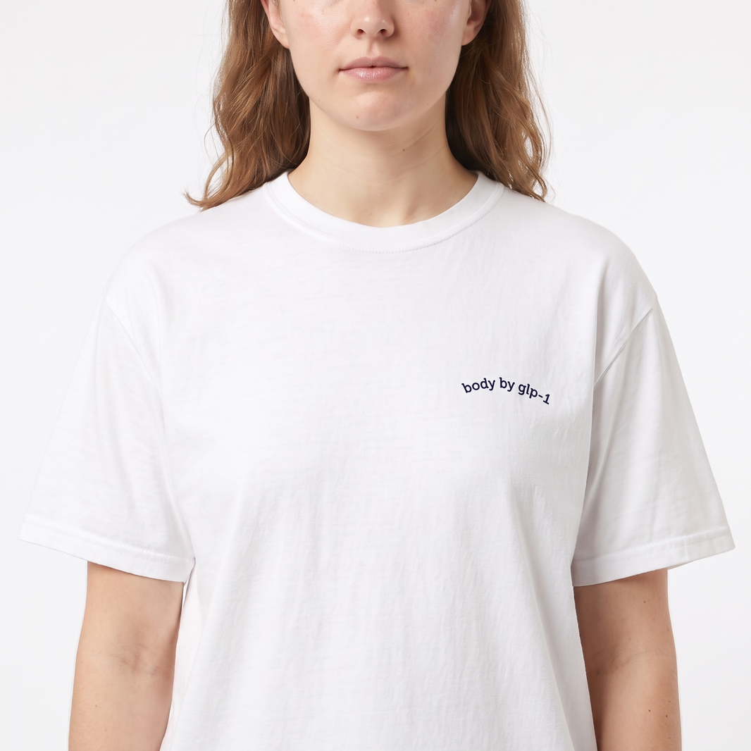 Body by GLP-1 Embroidered T-Shirt-Body by GLP-1 Embroidered T-Shirt, White, model close