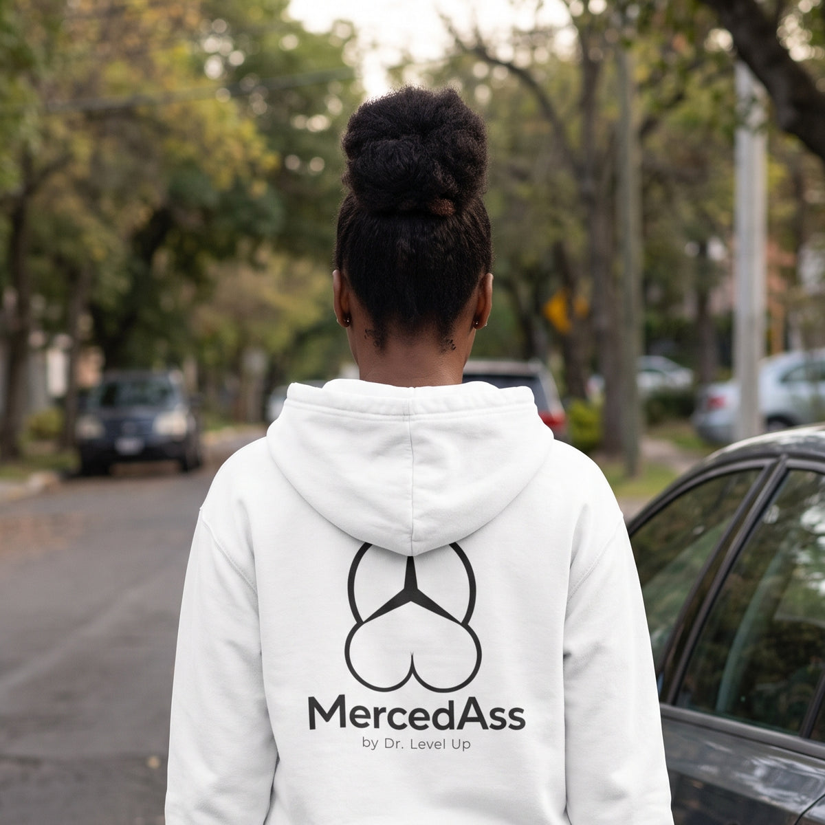 MercedAss Hoodie | Car Parody Graphic Sweatshirt, White, lifestyle