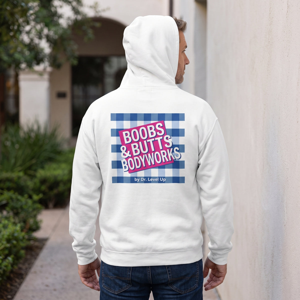 Boobs & Butts Bodyworks Hoodie, White, lifestyle back view