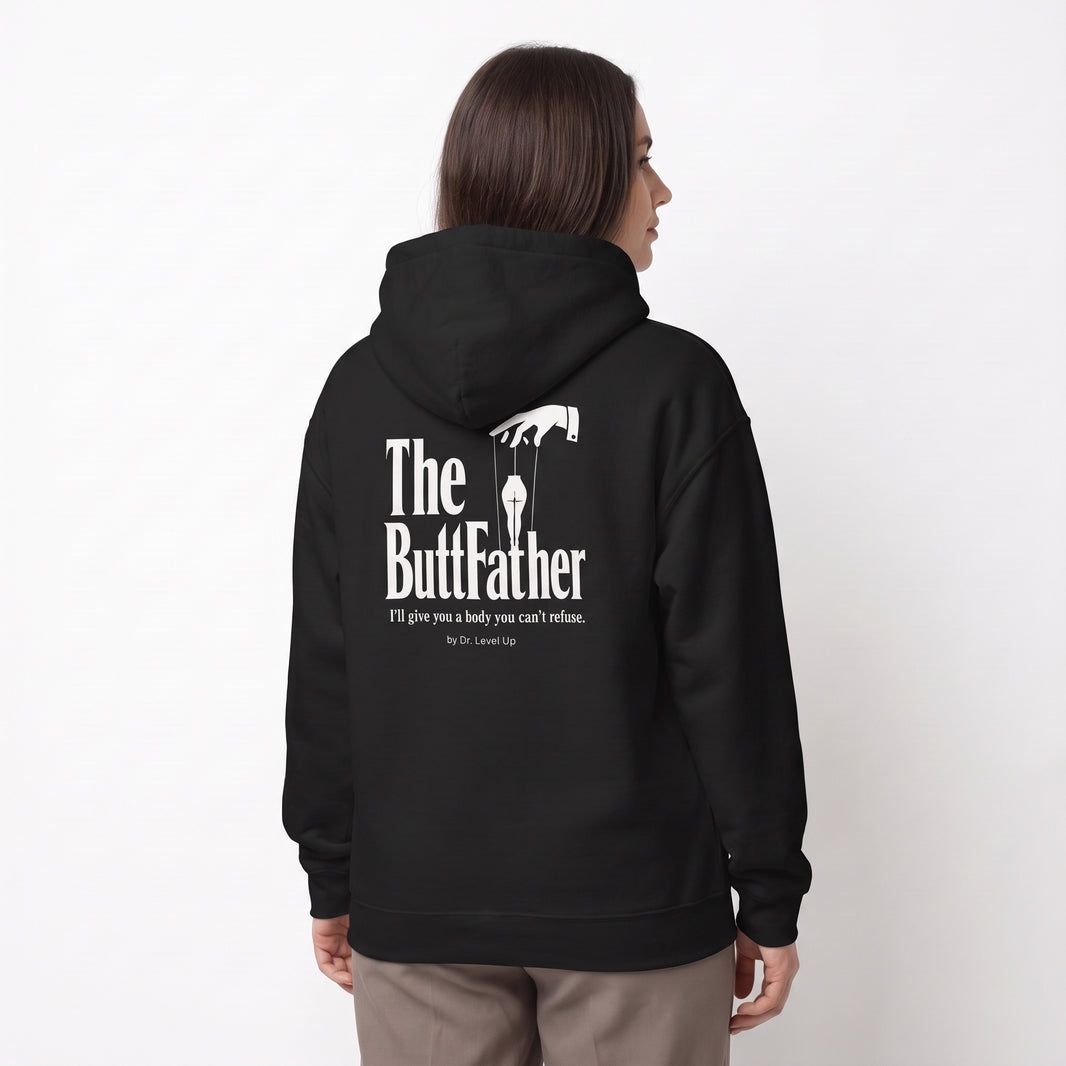 The ButtFather Hoodie-The ButtFather Hoodie, Black, white-background studio angled model view