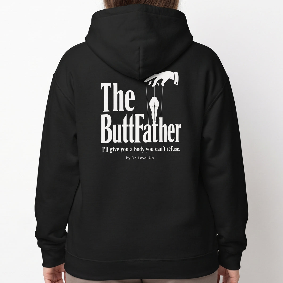The ButtFather Hoodie-The ButtFather Hoodie, Black, white-background studio on-model close-up