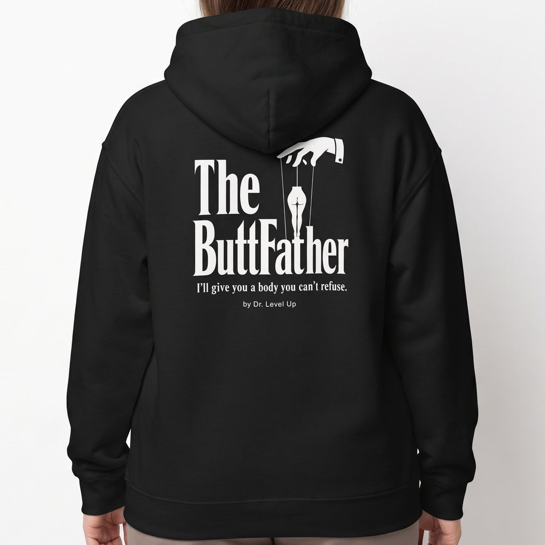 The ButtFather Hoodie-The ButtFather Hoodie, Black, white-background studio on-model close-up