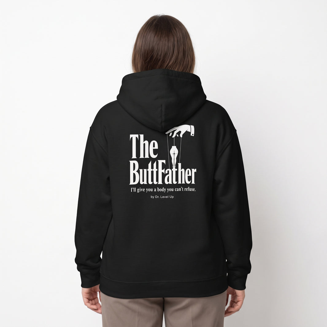 The ButtFather Hoodie-The ButtFather Hoodie, Black, white-background studio wider fit view