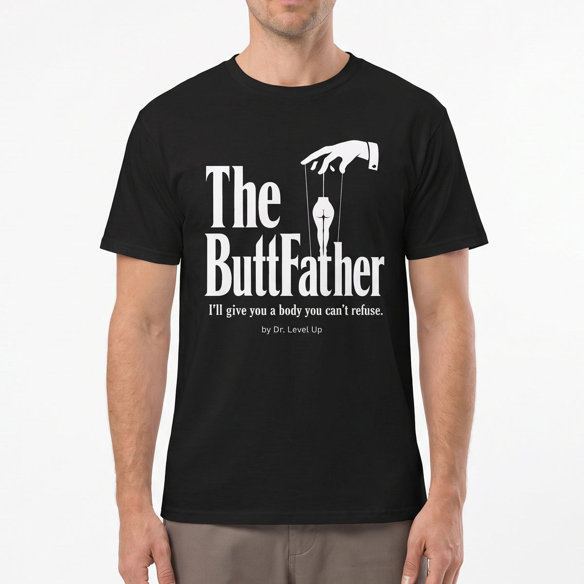 The Buttfather T-Shirt-The Buttfather T-Shirt, Black, white-background studio on-model close-up