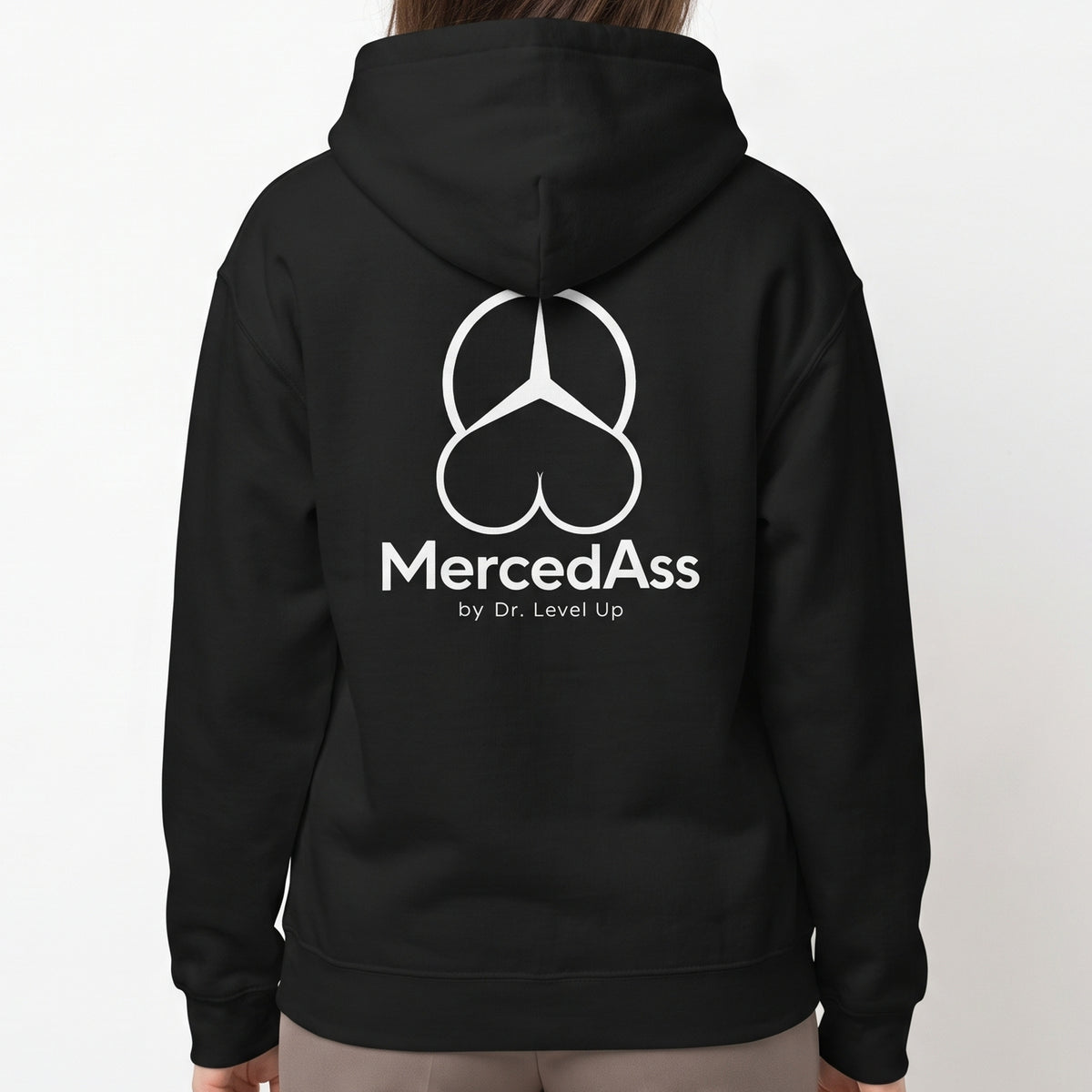 MercedASS Booty Hoodie-MercedASS Booty Hoodie, Black, white-background studio on-model close-up