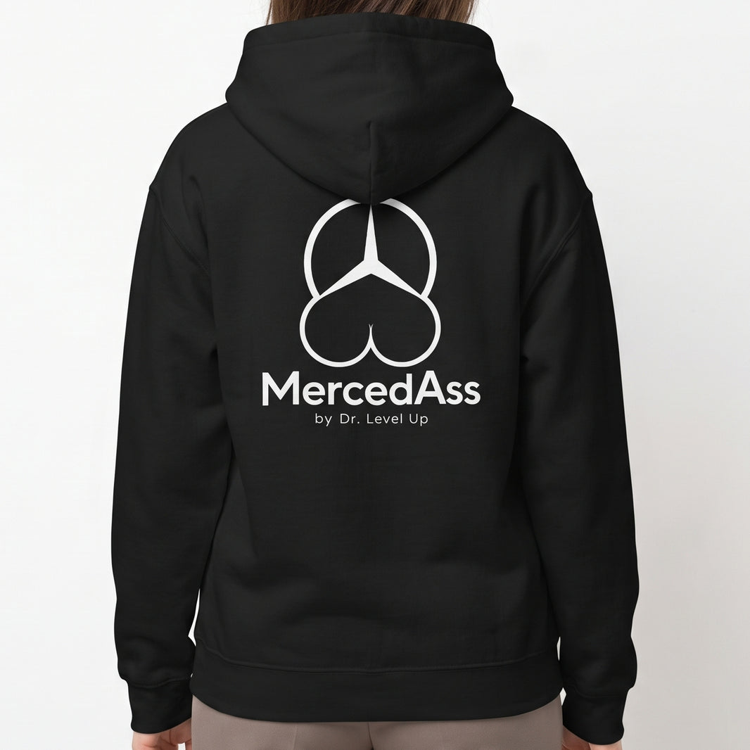 MercedASS Booty Hoodie-MercedASS Booty Hoodie, Black, white-background studio on-model close-up