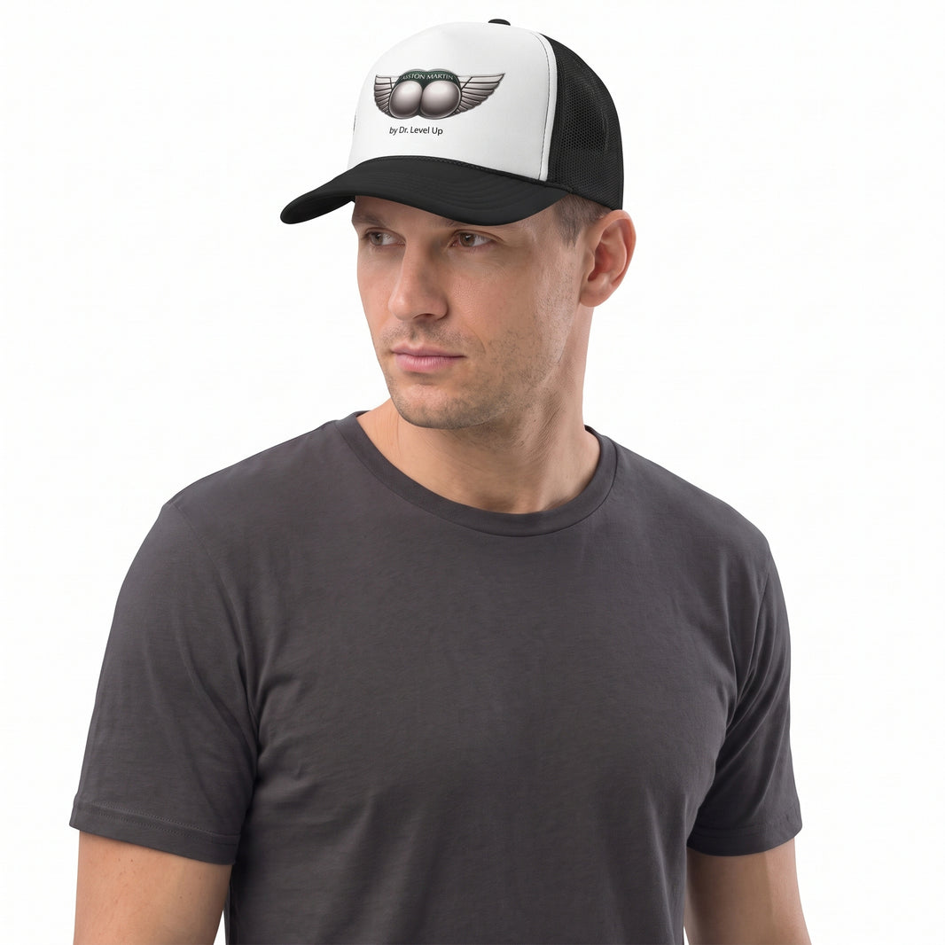 ASSton Martin BBL Trucker Cap-ASSton Martin BBL Trucker Cap, Black, white-background studio angled model view