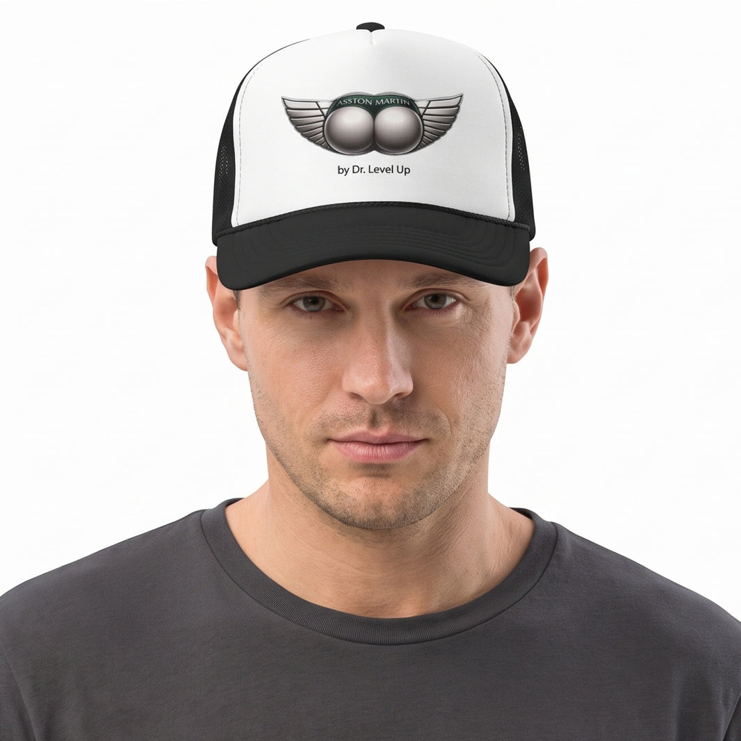 ASSton Martin BBL Trucker Cap-ASSton Martin BBL Trucker Cap, Black, white-background studio on-model close-up