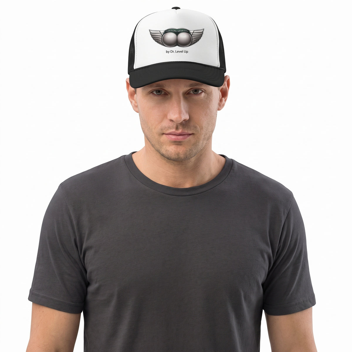 ASSton Martin BBL Trucker Cap-ASSton Martin BBL Trucker Cap, Black, white-background studio wider fit view