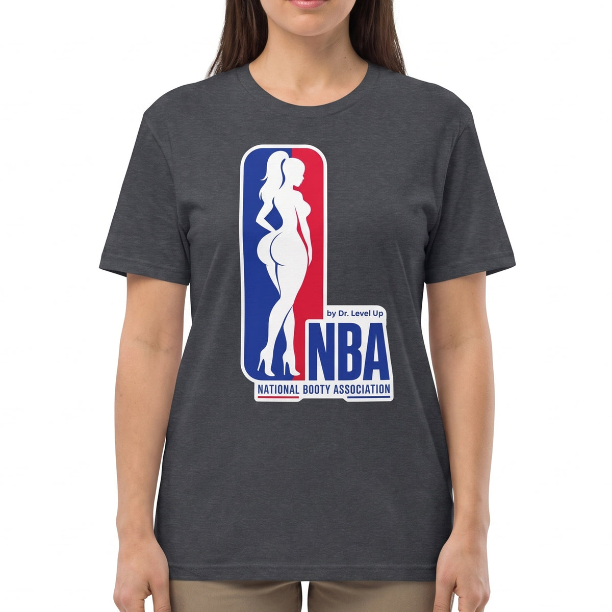 NBA - National Booty Association T-Shirt-NBA - National Booty Association T-Shirt, Dark Heather Grey, white-background studio on-model close-up
