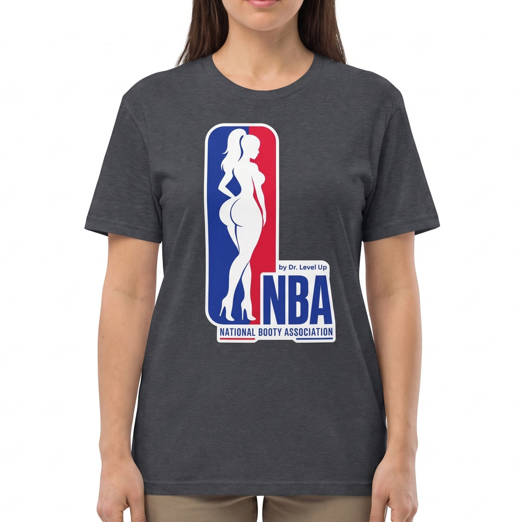 NBA - National Booty Association T-Shirt-NBA - National Booty Association T-Shirt, Dark Heather Grey, white-background studio on-model close-up