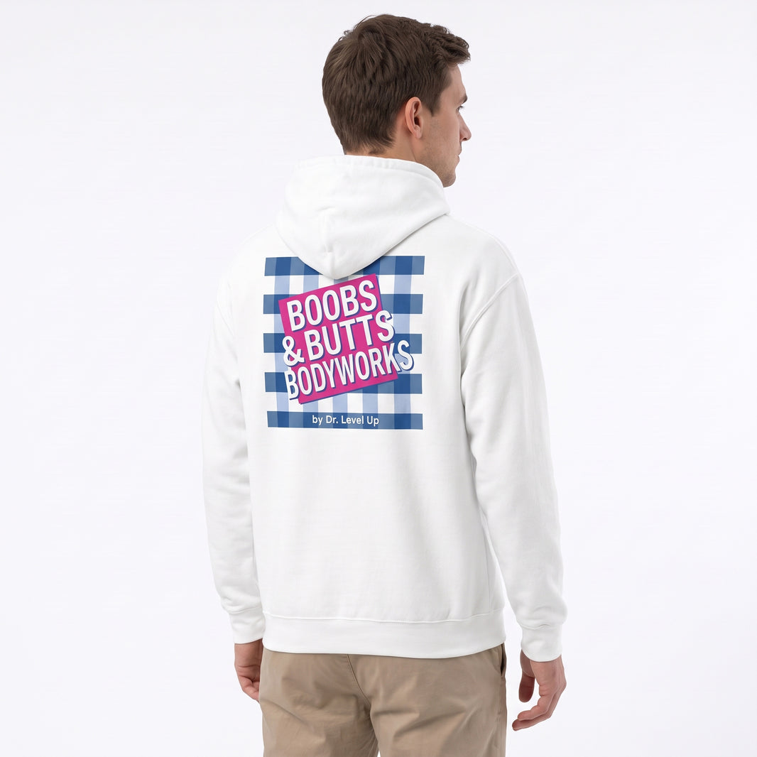 Boobs & Butts Bodyworks Hoodie-Boobs & Butts Bodyworks Hoodie, White, white-background studio angled model view