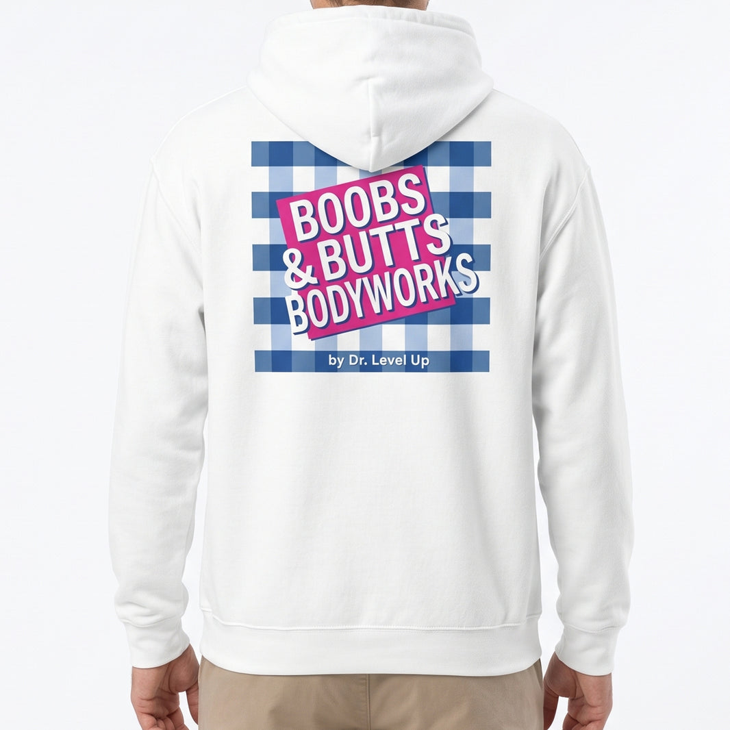 Boobs & Butts Bodyworks Hoodie-Boobs & Butts Bodyworks Hoodie, White, white-background studio on-model close-up