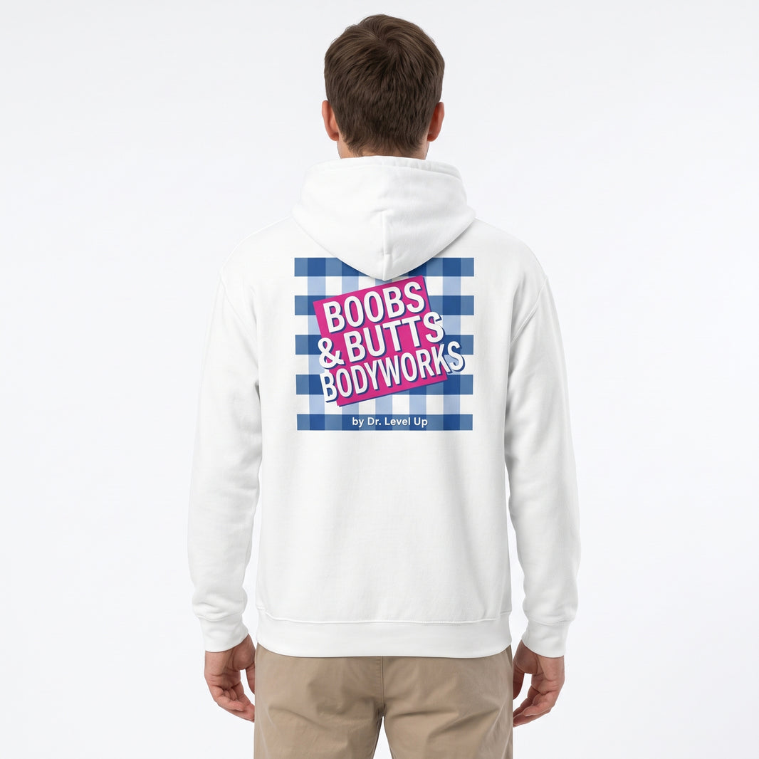 Boobs & Butts Bodyworks Hoodie-Boobs & Butts Bodyworks Hoodie, White, white-background studio wider fit view