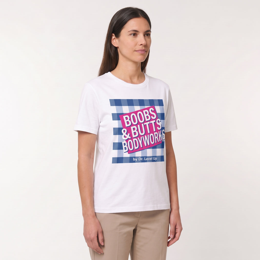 Boobs & Butts Bodyworks T-Shirt-Boobs & Butts Bodyworks T-Shirt, White, white-background studio angled model view