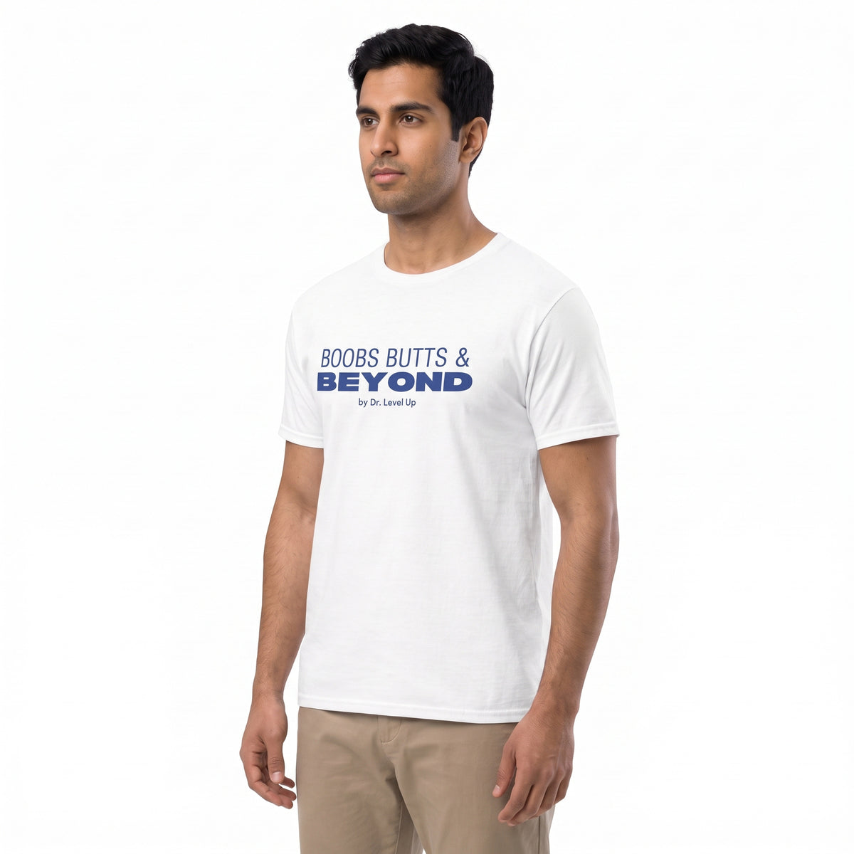 Boobs Butts & Beyond Unisex T-Shirt-Boobs Butts & Beyond Unisex T-Shirt, White, white-background studio angled model view