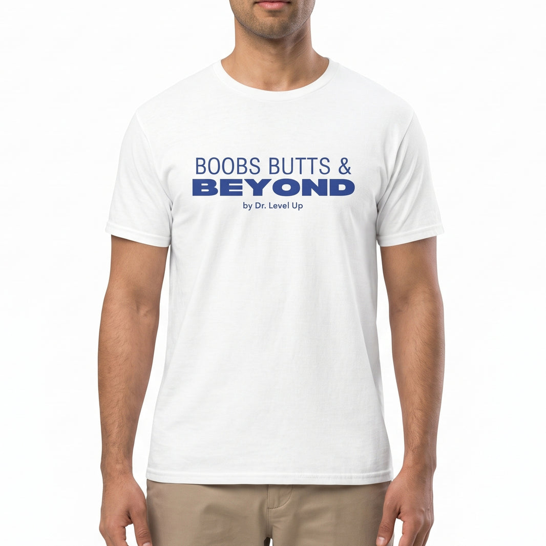 Boobs Butts & Beyond Unisex T-Shirt-Boobs Butts & Beyond Unisex T-Shirt, White, white-background studio on-model close-up