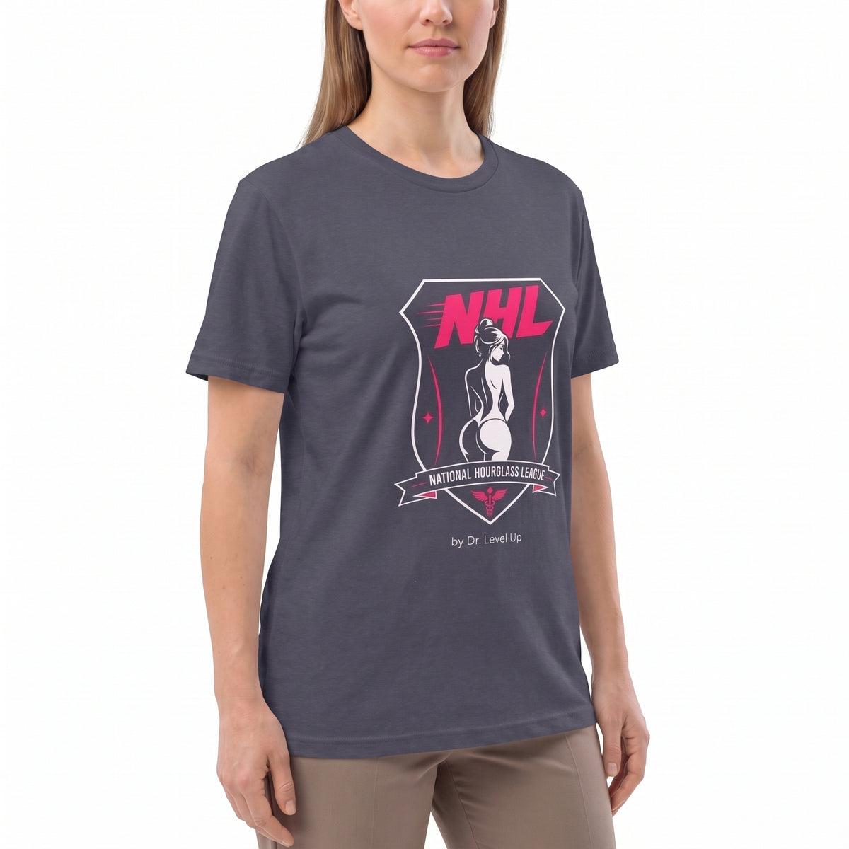 NHL - National Hourglass League Unisex Softstyle T-Shirt-NHL - National Hourglass League Unisex Softstyle T-Shirt, Heather Navy, white-background studio angled model view