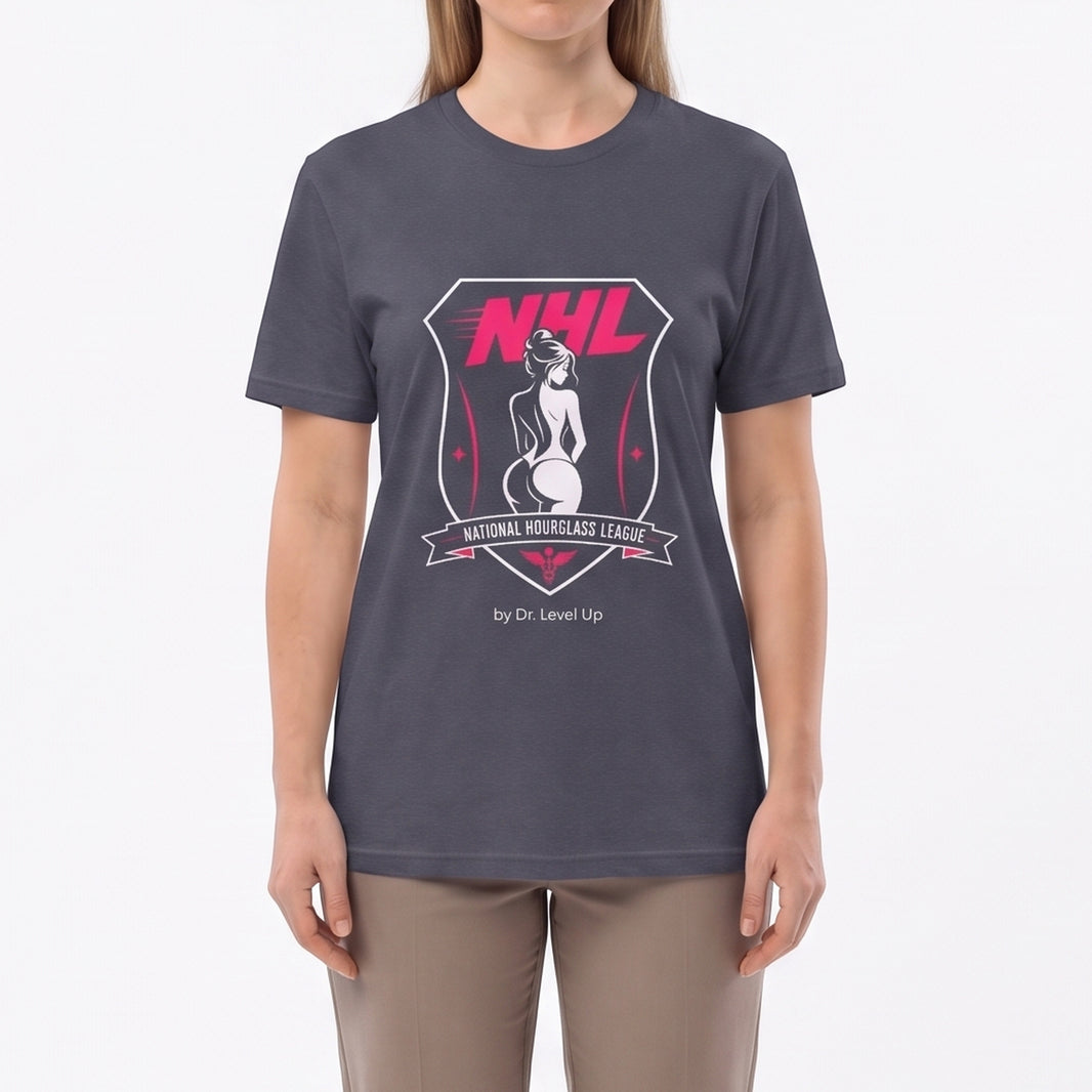 NHL - National Hourglass League Unisex Softstyle T-Shirt-NHL - National Hourglass League Unisex Softstyle T-Shirt, Heather Navy, white-background studio on-model close-up