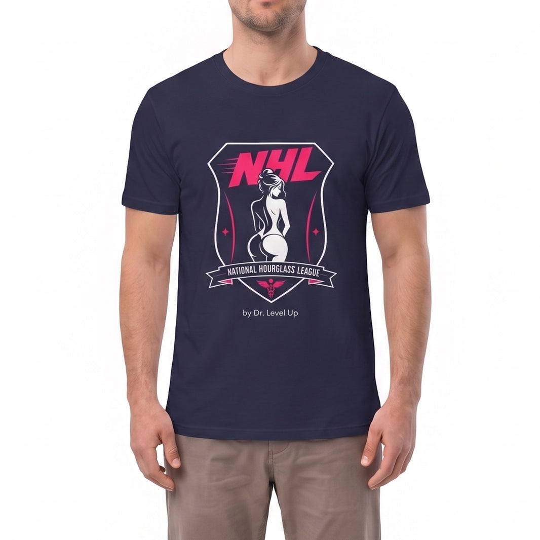 NHL - National Hourglass League Unisex Softstyle T-Shirt-NHL - National Hourglass League Unisex Softstyle T-Shirt, Navy, white-background studio on-model close-up