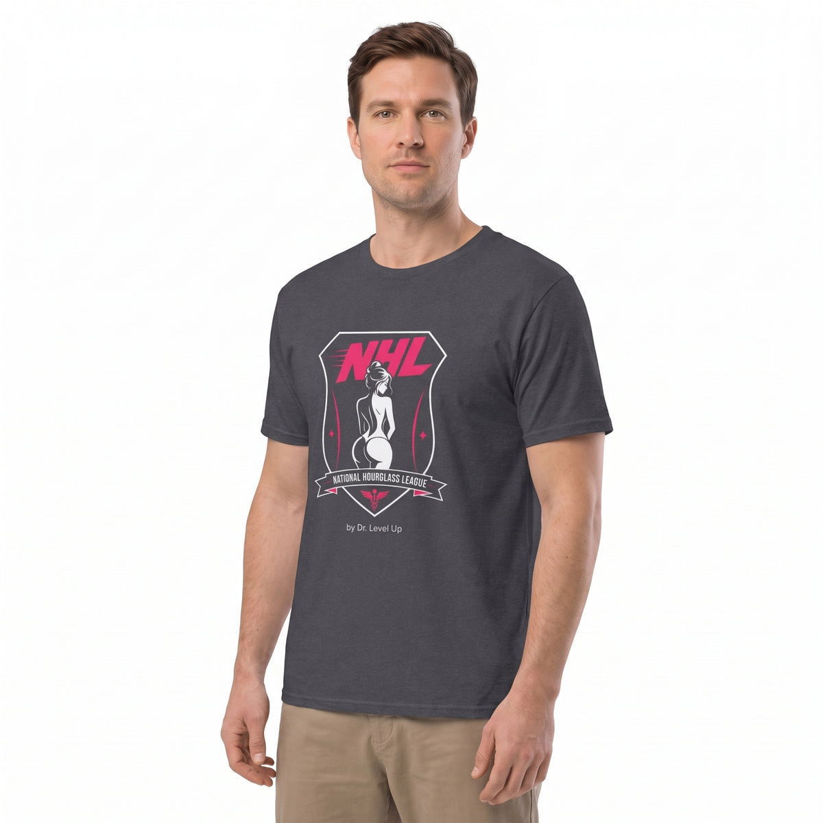 NHL - National Hourglass League Unisex Softstyle T-Shirt-NHL - National Hourglass League Unisex Softstyle T-Shirt, Dark Heather Grey, white-background studio angled model view