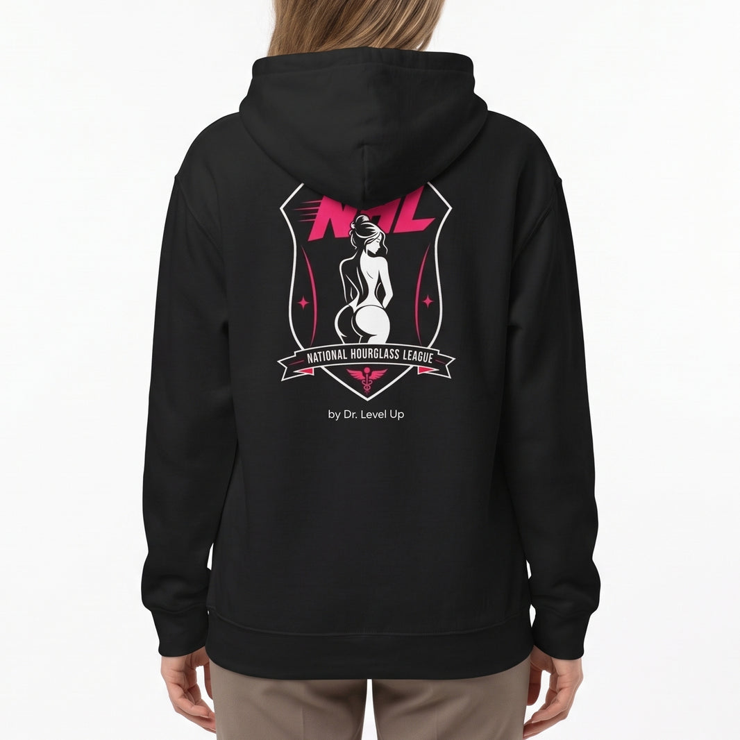 NHL - National Hourglass League Hoodie-NHL - National Hourglass League Hoodie, Black, white-background studio on-model close-up