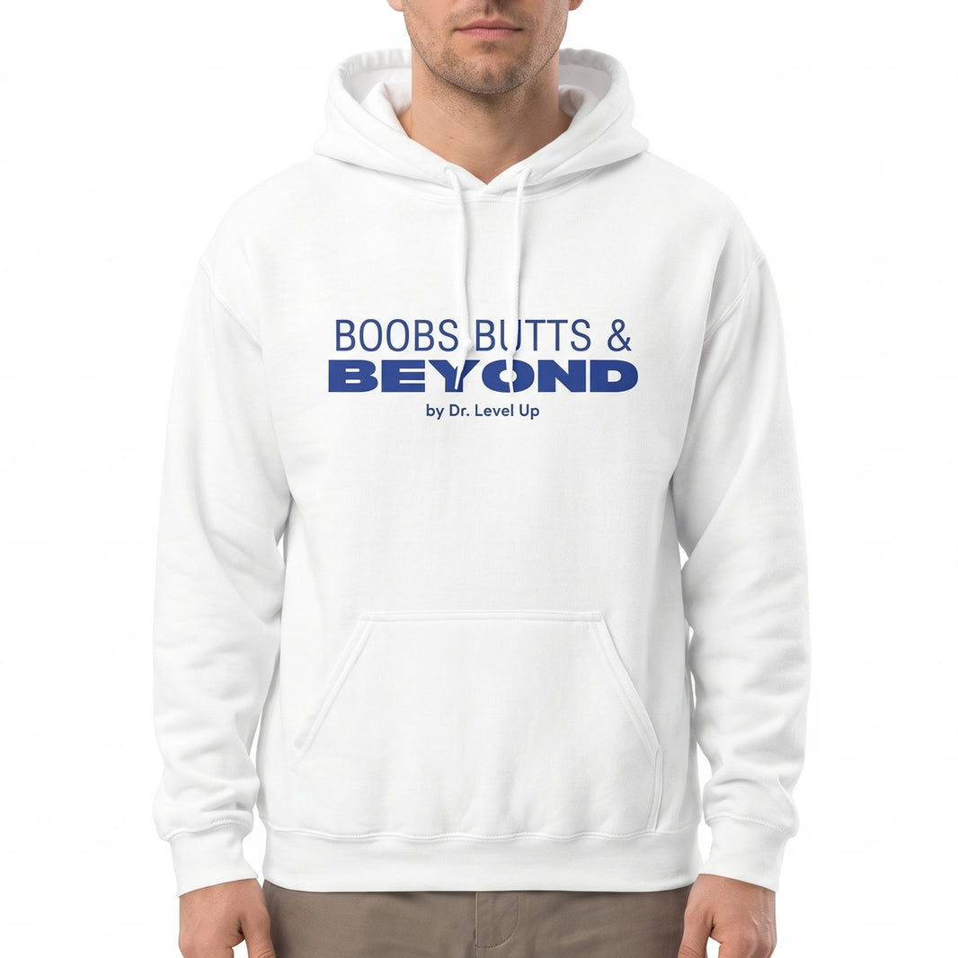 Boobs Butts & Beyond Hoodie-Boobs Butts & Beyond Hoodie, White, white-background studio on-model close-up
