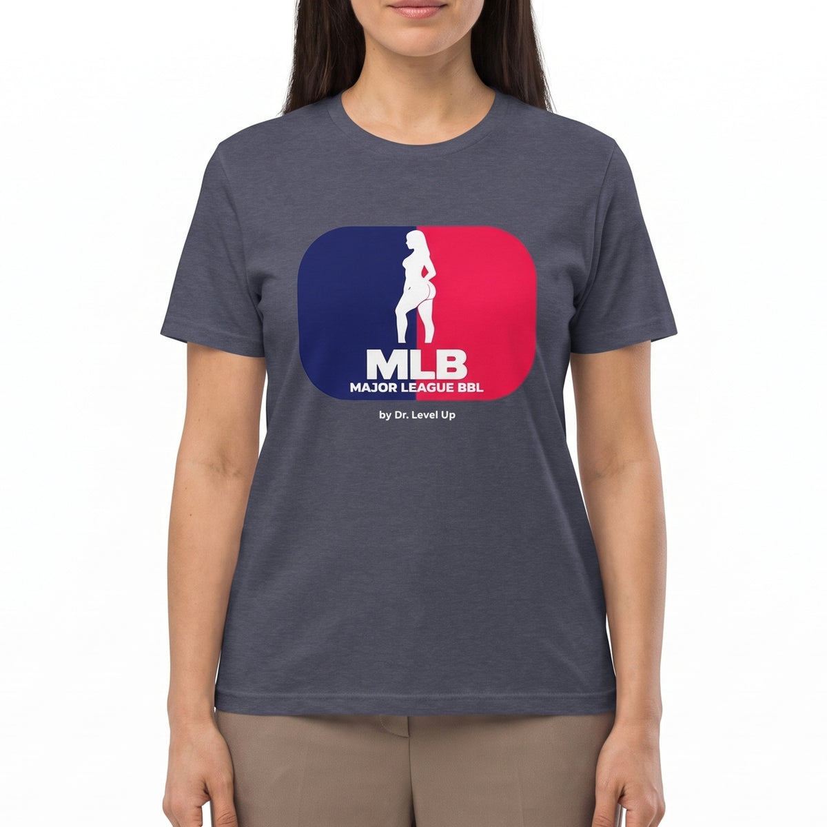 MLB - Major League BBL Unisex Softstyle T-Shirt-MLB - Major League BBL Unisex Softstyle T-Shirt, Heather Navy, white-background studio on-model close-up