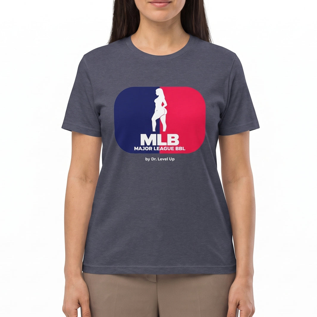 MLB - Major League BBL Unisex Softstyle T-Shirt-MLB - Major League BBL Unisex Softstyle T-Shirt, Heather Navy, white-background studio on-model close-up