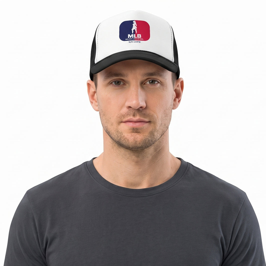 MLB - Major League BBL Trucker Cap-MLB - Major League BBL Trucker Cap, Black, white-background studio on-model close-up