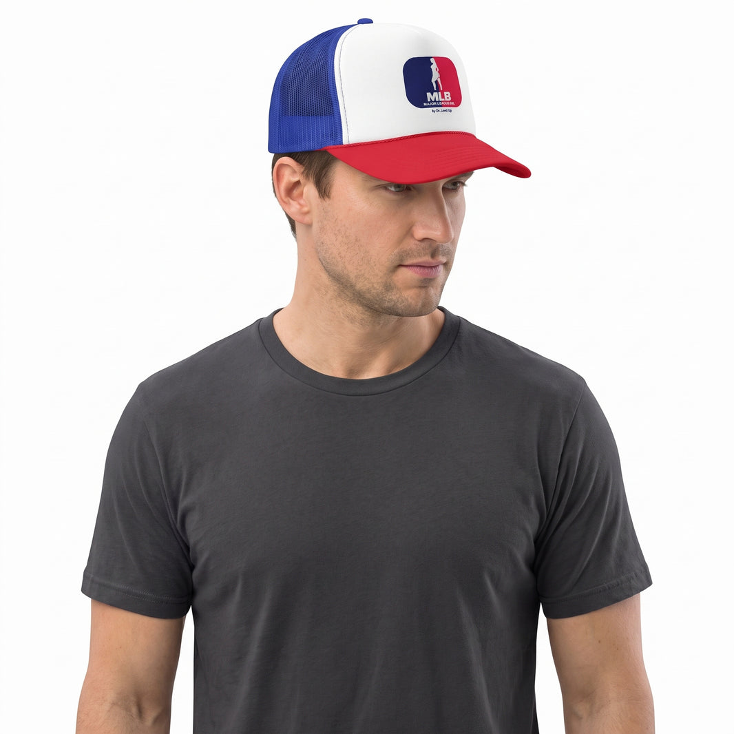 MLB - Major League BBL Trucker Cap-MLB - Major League BBL Trucker Cap, Blue/Red, white-background studio angled model view