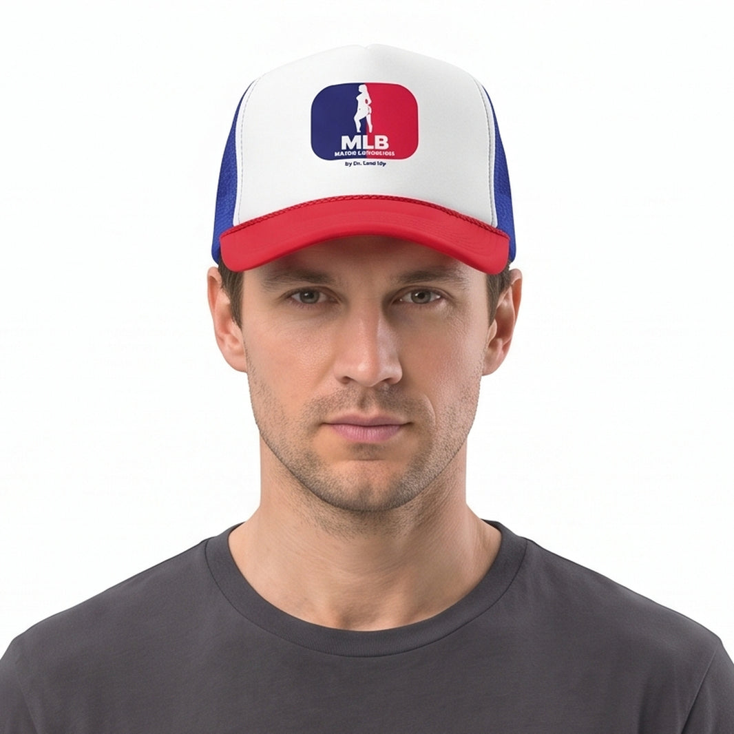 MLB - Major League BBL Trucker Cap-MLB - Major League BBL Trucker Cap, Blue/Red, white-background studio on-model close-up