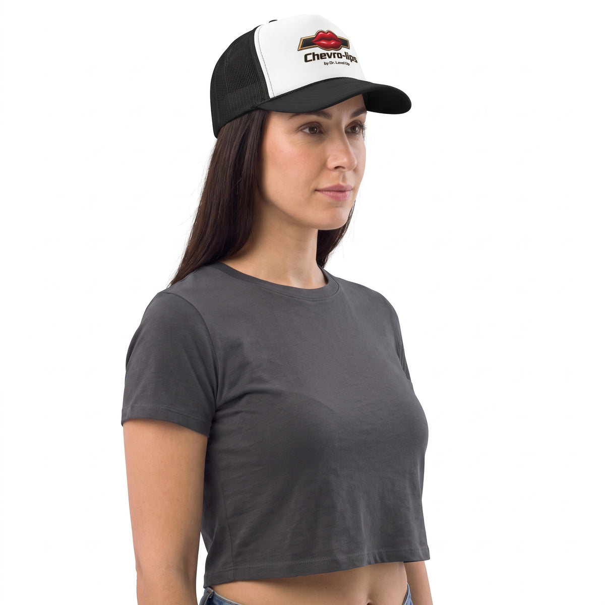 Chevro-lips Lip Trucker Cap-Chevro-lips Lip Trucker Cap, Black, white-background studio angled model view