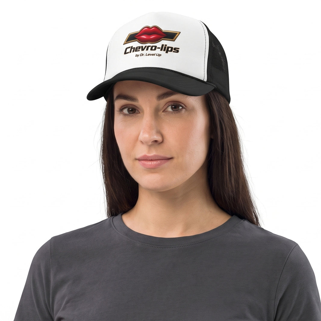 Chevro-lips Lip Trucker Cap-Chevro-lips Lip Trucker Cap, Black, white-background studio on-model close-up