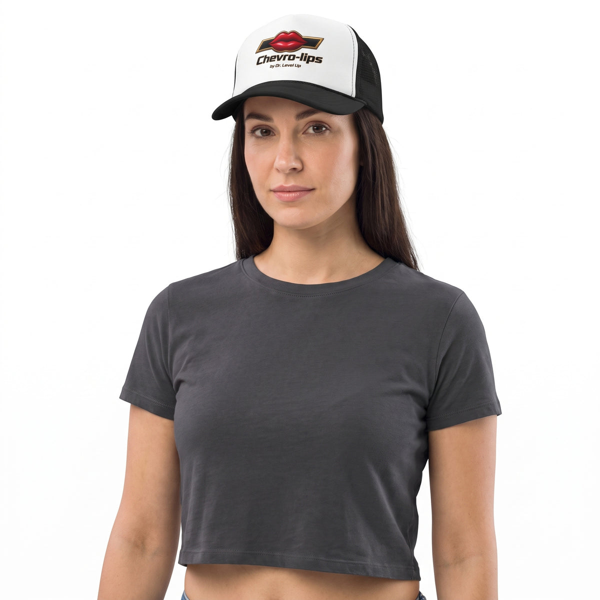 Chevro-lips Lip Trucker Cap-Chevro-lips Lip Trucker Cap, Black, white-background studio wider fit view