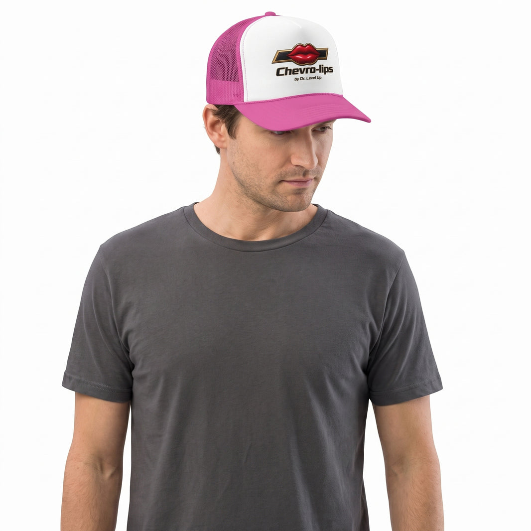 Chevro-lips Lip Trucker Cap-Chevro-lips Lip Trucker Cap, Pink, white-background studio angled model view