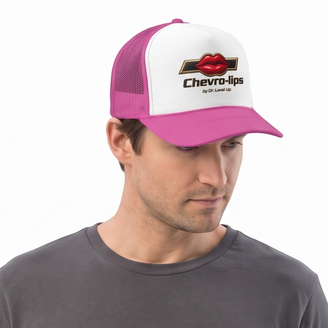 Chevro-lips Lip Trucker Cap-Chevro-lips Lip Trucker Cap, Pink, white-background studio on-model close-up