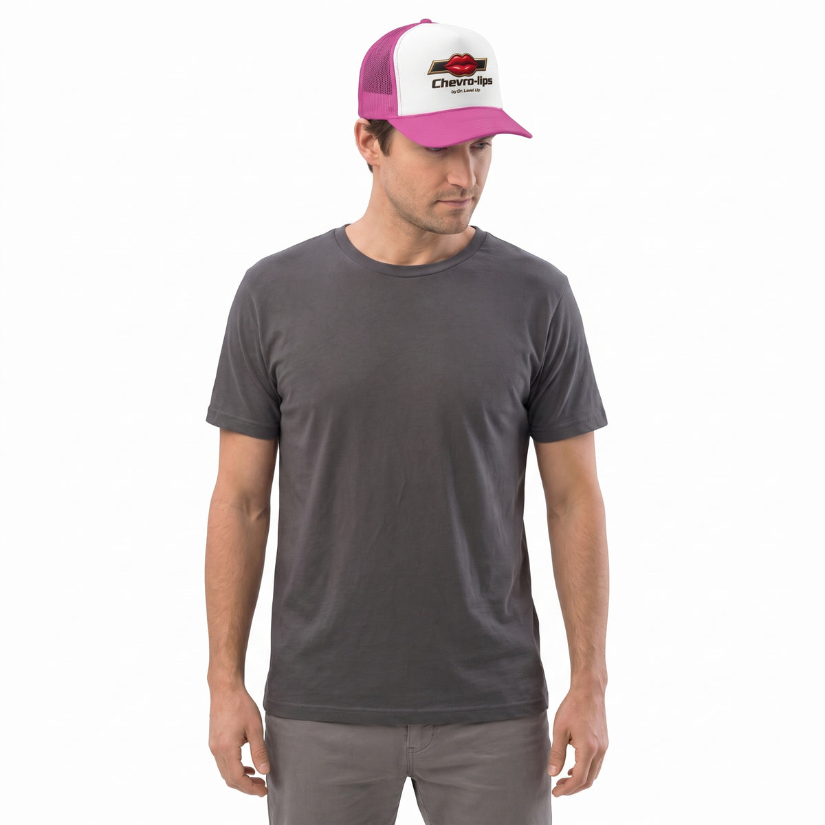 Chevro-lips Lip Trucker Cap-Chevro-lips Lip Trucker Cap, Pink, white-background studio wider fit view